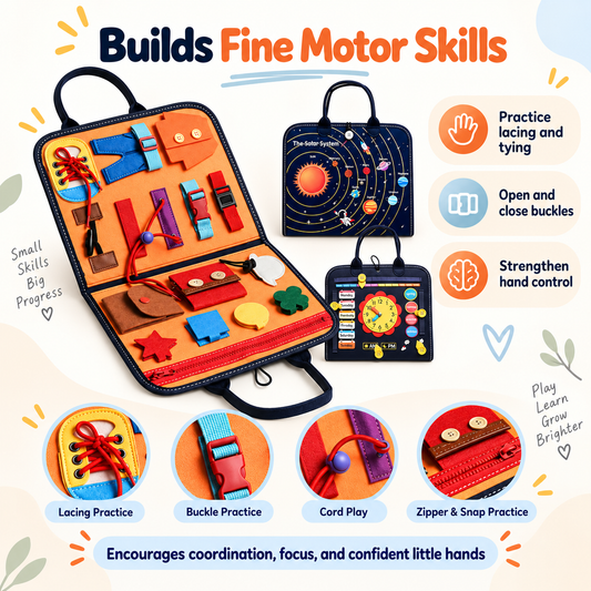 The Bright Cub busy board fine motor skills with lacing, buckles, cords, zipper and snap practice