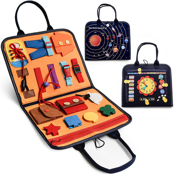Montessori Busy Board — Zips, Laces, Buttons, Clock & Planets in One Bag